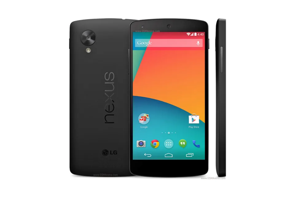 Nexus 5, shown from the back in its colours and from the front