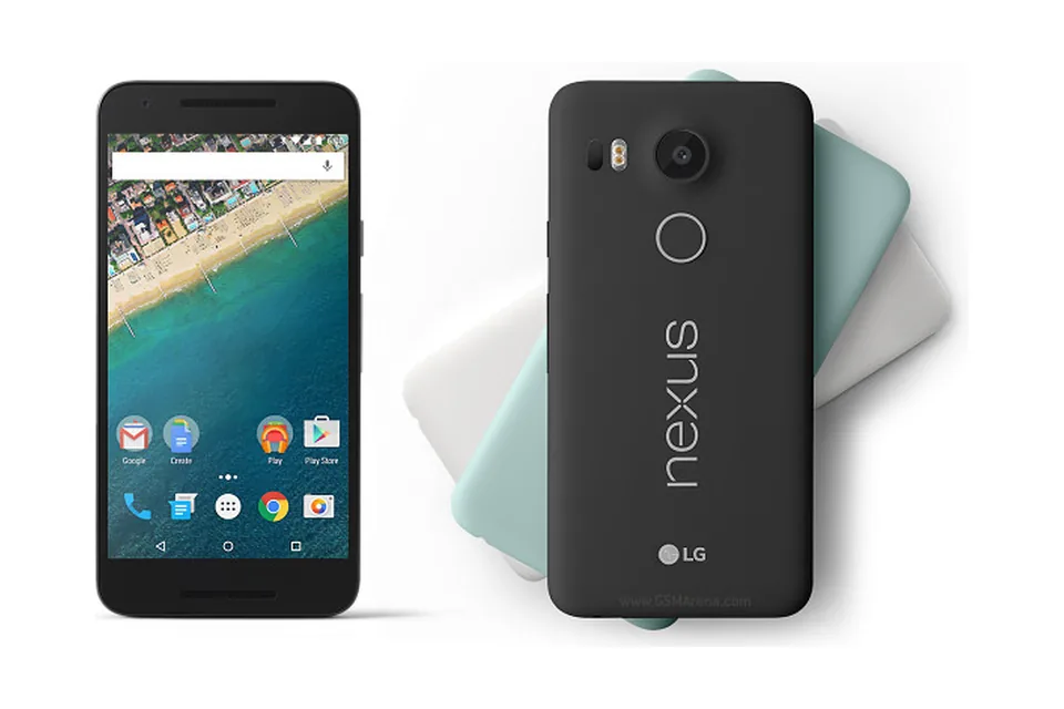 Nexus 5X, shown from the back in its colours and from the front