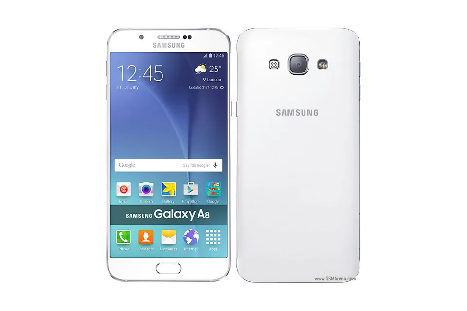 Galaxy A8, shown from the back in its colours and from the front
