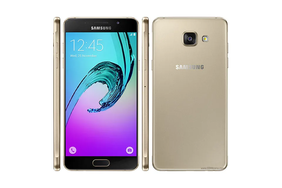 Galaxy A5 (2016), shown from the back in its colours and from the front