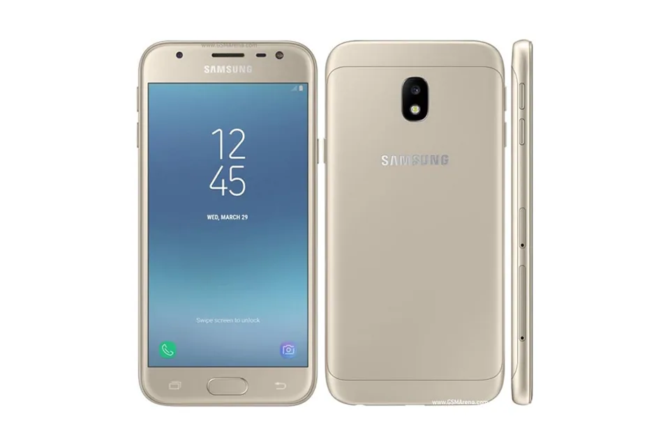 Galaxy J3 Prime, shown from the back in its colours and from the front
