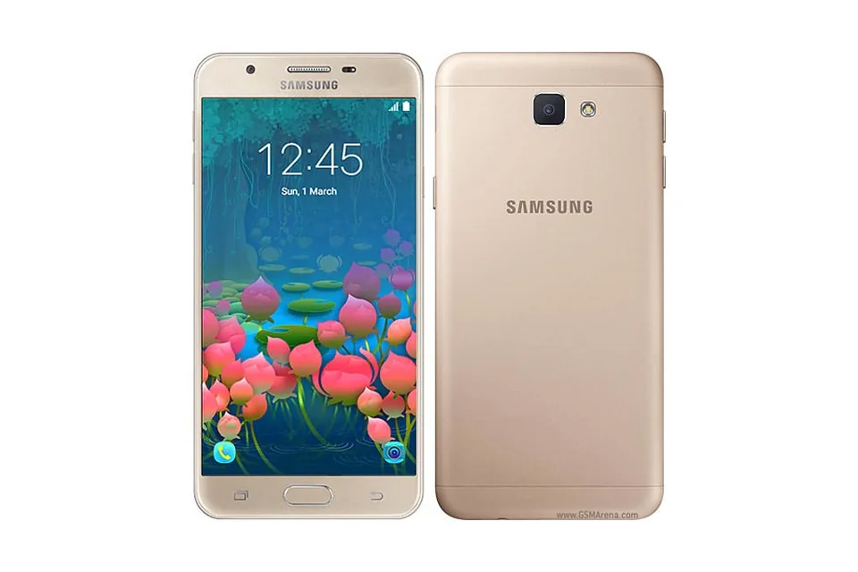 Galaxy J5 Prime, shown from the back in its colours and from the front