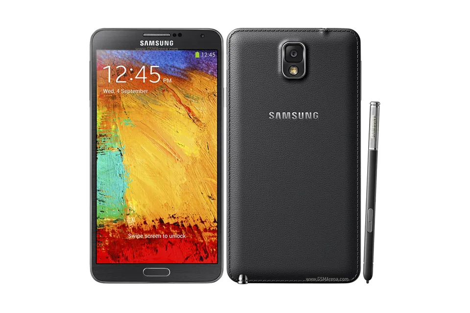 Galaxy Note 3, shown from the back in its colours and from the front