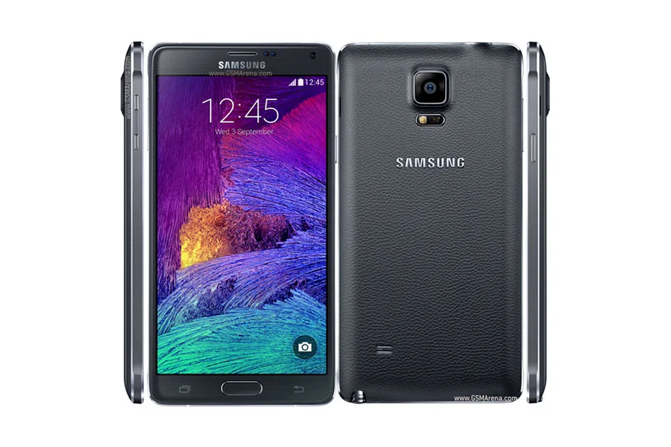 Galaxy Note 4, shown from the back in its colours and from the front