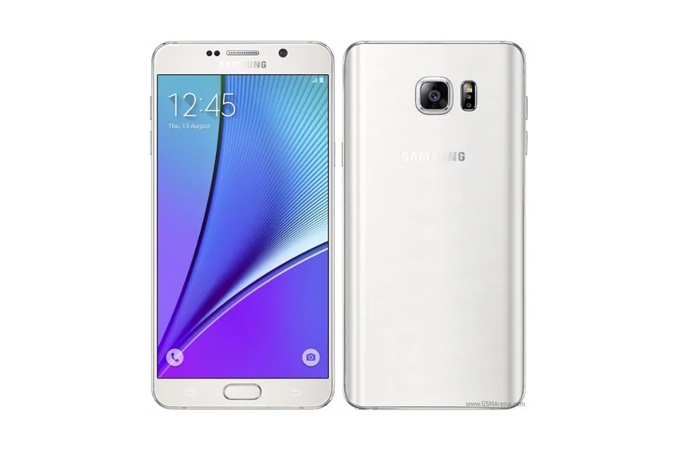 Galaxy Note5, shown from the back in its colours and from the front