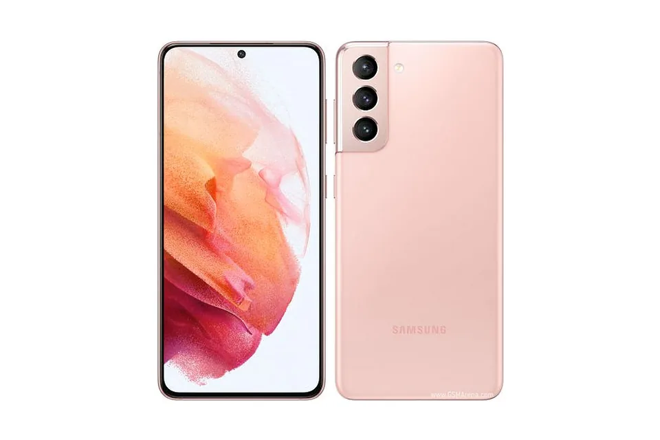 Galaxy S21, shown from the back in its colours and from the front