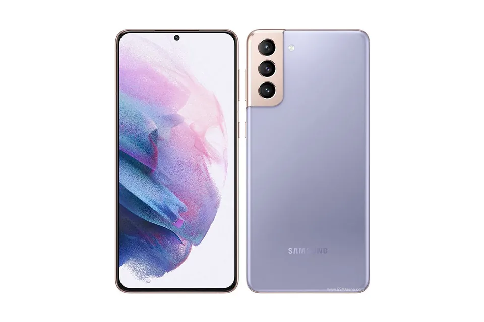 Galaxy S21+, shown from the back in its colours and from the front