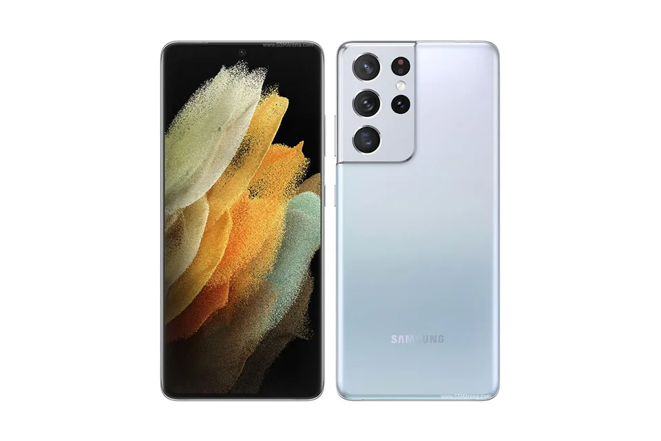 Galaxy S21 Ultra, shown from the back in its colours and from the front