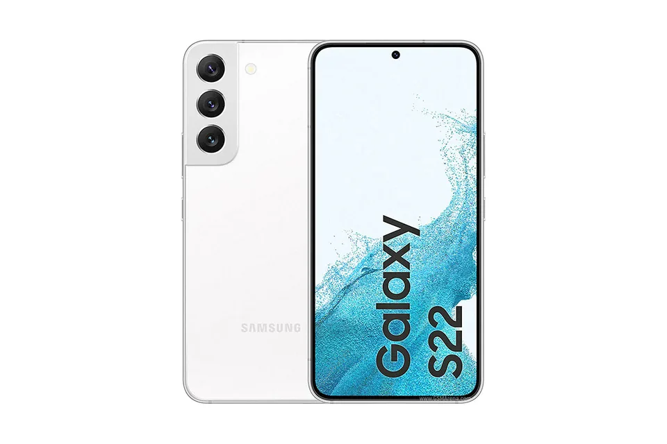 Galaxy S22, shown from the back in its colours and from the front