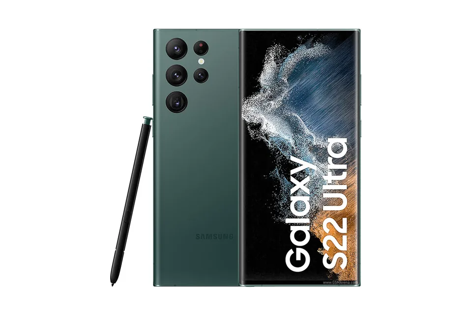 Galaxy S22 Ultra, shown from the back in its colours and from the front