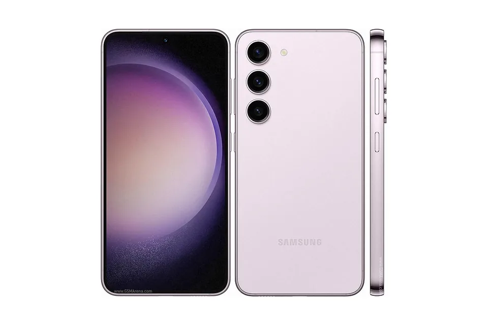 Galaxy S23, shown from the back in its colours and from the front