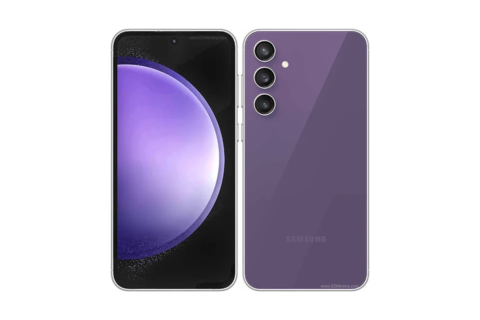 Galaxy S23 FE, shown from the back in its colours and from the front