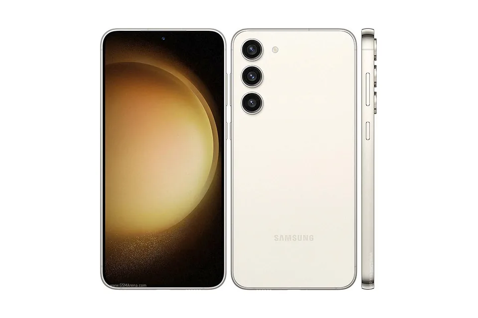 Galaxy S23+, shown from the back in its colours and from the front