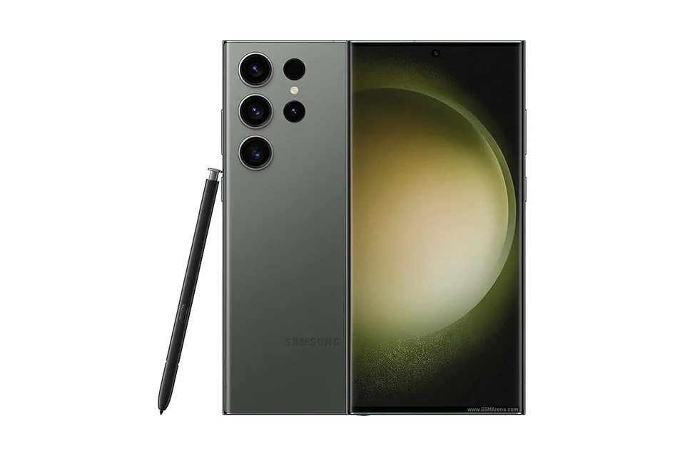 Galaxy S23 Ultra, shown from the back in its colours and from the front