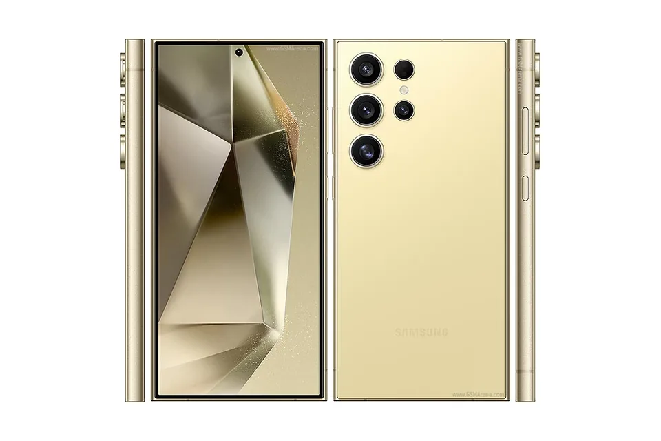 Galaxy S24 Ultra, shown from the back in its colours and from the front