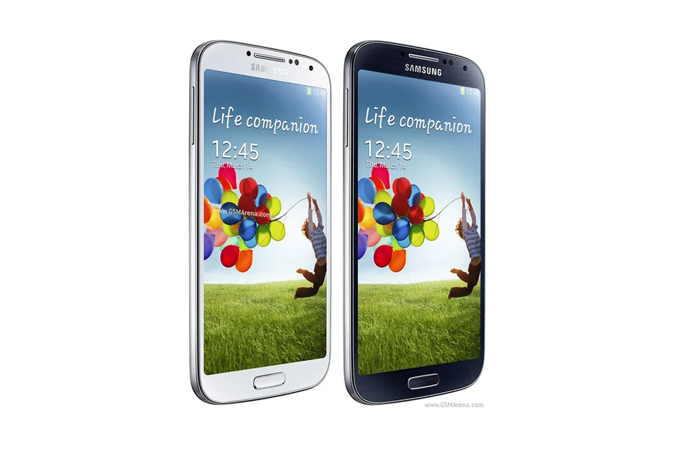 Galaxy S4, shown from the back in its colours and from the front