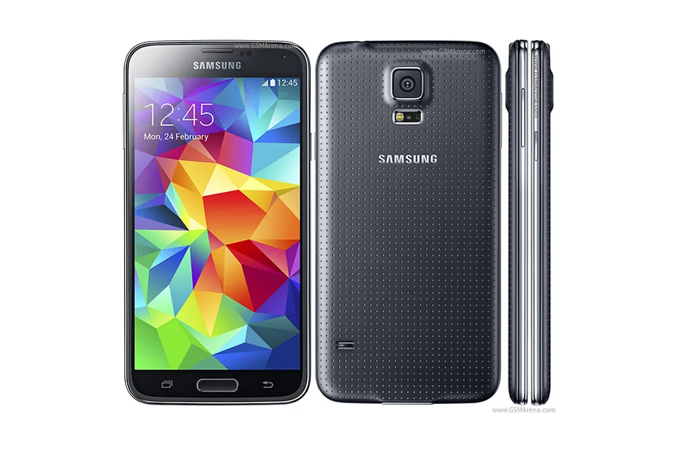 Galaxy S5, shown from the back in its colours and from the front