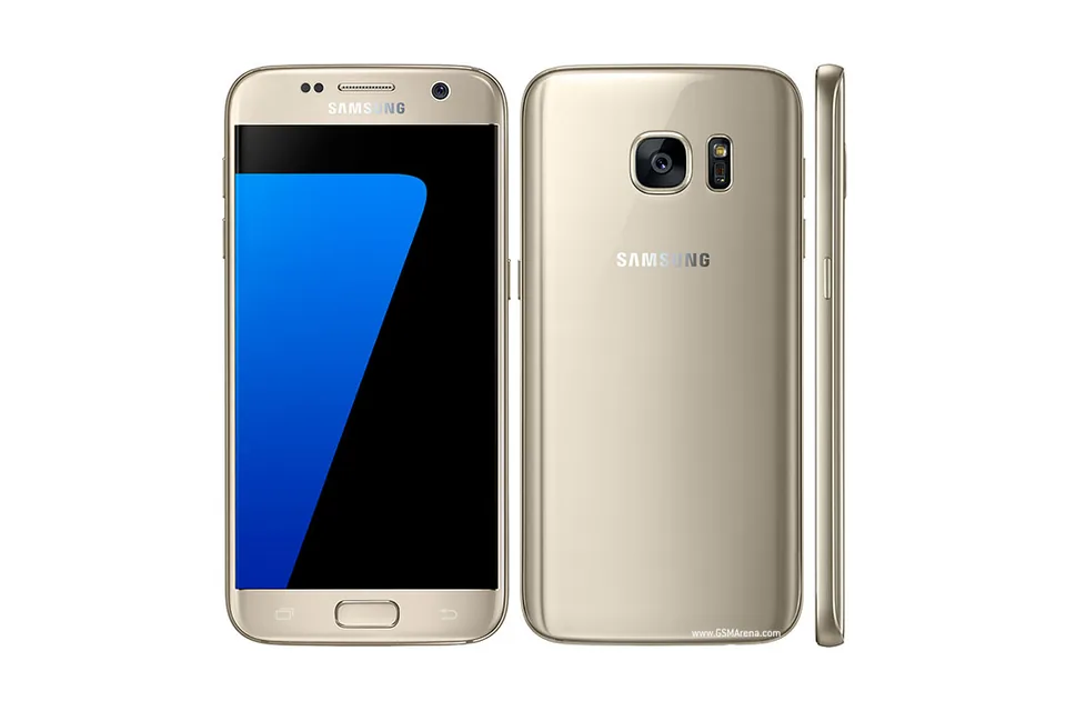Galaxy S7, shown from the back in its colours and from the front