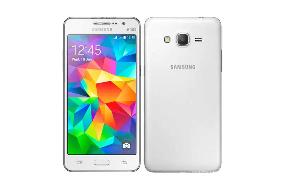 Galaxy Grand Prime, shown from the back in its colours and from the front
