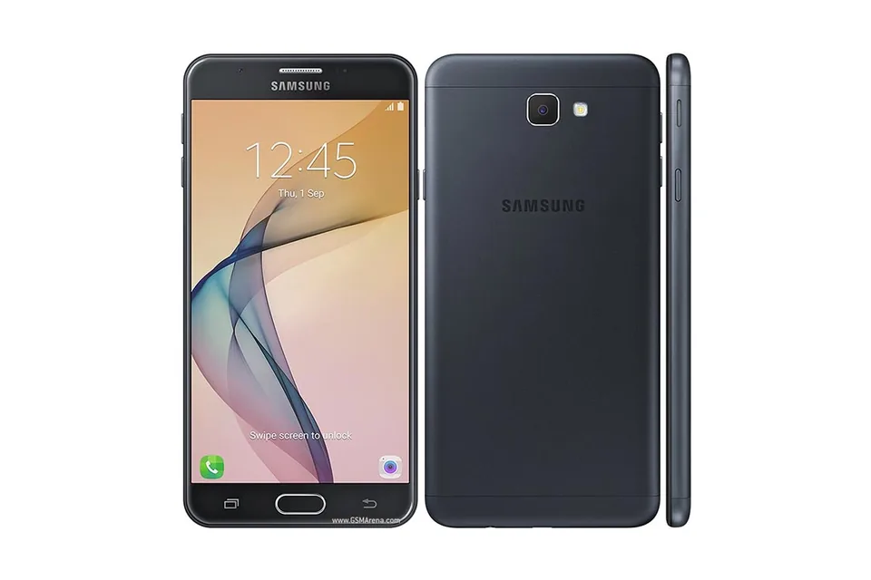Galaxy J7 Prime, shown from the back in its colours and from the front