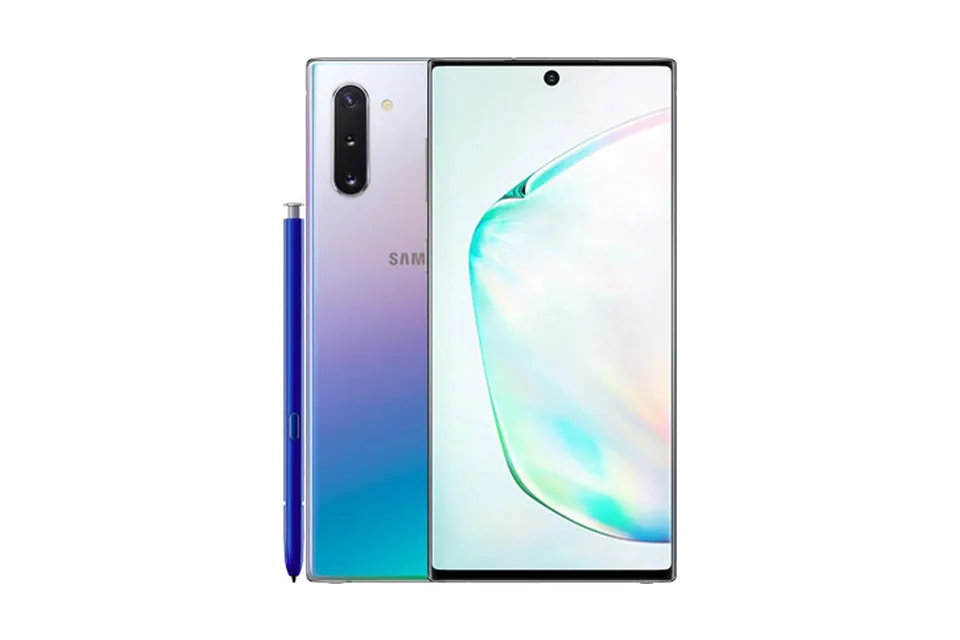Galaxy Note10, shown from the back in its colours and from the front