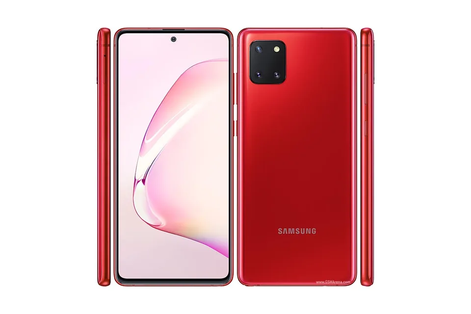 Galaxy Note10 Lite, shown from the back in its colours and from the front