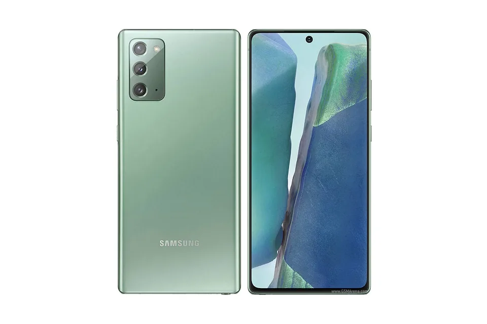 Galaxy Note20, shown from the back in its colours and from the front