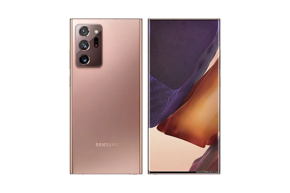 Galaxy Note20 Ultra, shown from the back in its colours and from the front