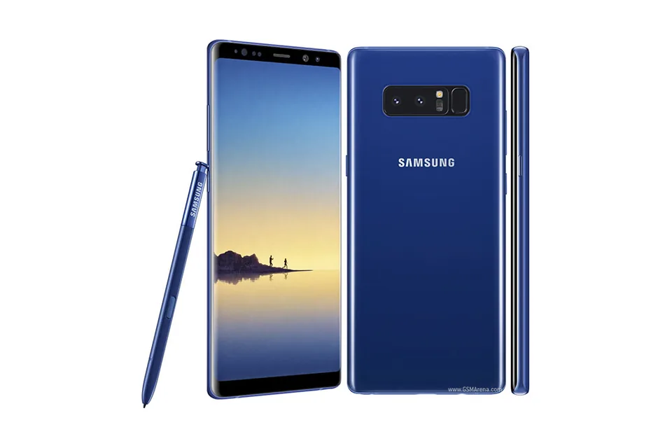 Galaxy Note8, shown from the back in its colours and from the front