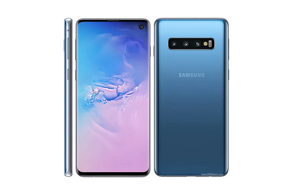 Galaxy S10, shown from the back in its colours and from the front