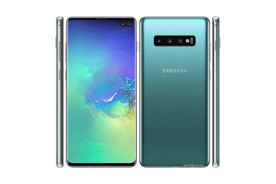 Galaxy S10+, shown from the back in its colours and from the front