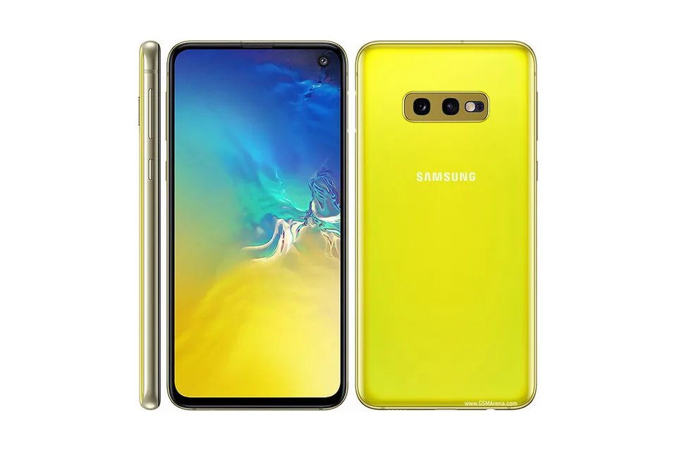 Galaxy S10e, shown from the back in its colours and from the front