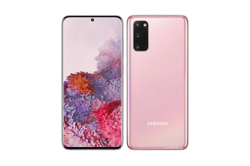 Galaxy S20, shown from the back in its colours and from the front