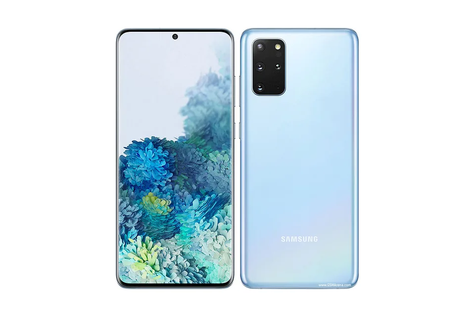 Galaxy S20+, shown from the back in its colours and from the front