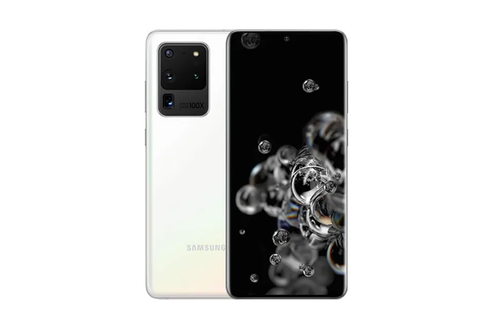 Galaxy S20 Ultra, shown from the back in its colours and from the front