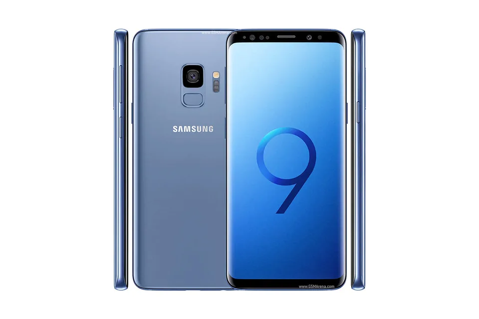 Galaxy S9, shown from the back in its colours and from the front