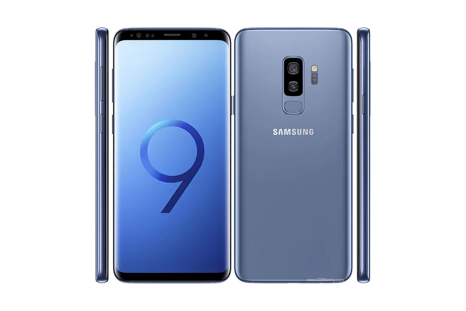 Galaxy S9+, shown from the back in its colours and from the front