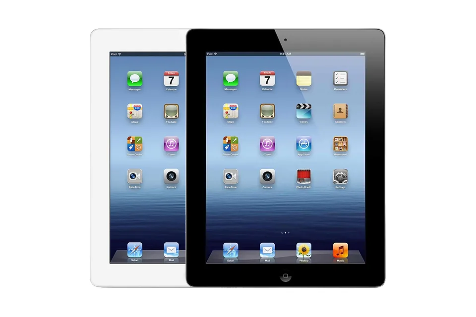 iPad 2 and iPad (3rd generation), shown from the back in its colours and from the front