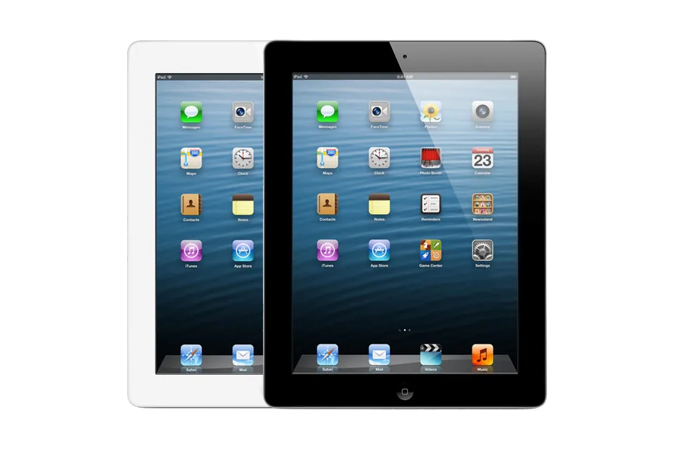 iPad (4th generation), shown from the back in its colours and from the front