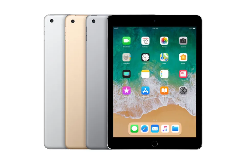 iPad (5th generation), shown from the back in its colours and from the front