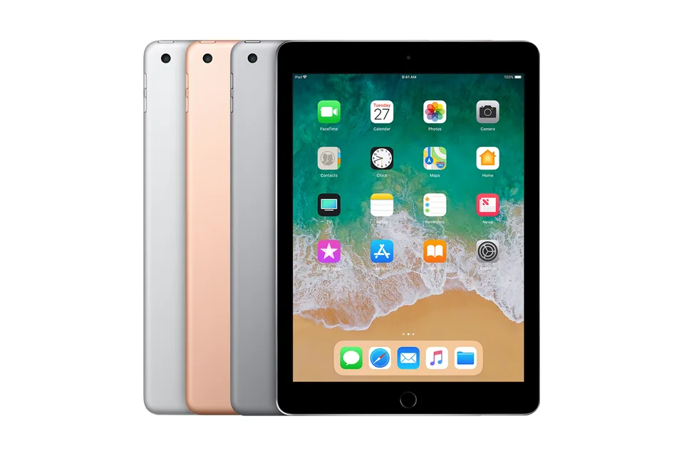 iPad (6th generation), shown from the back in its colours and from the front