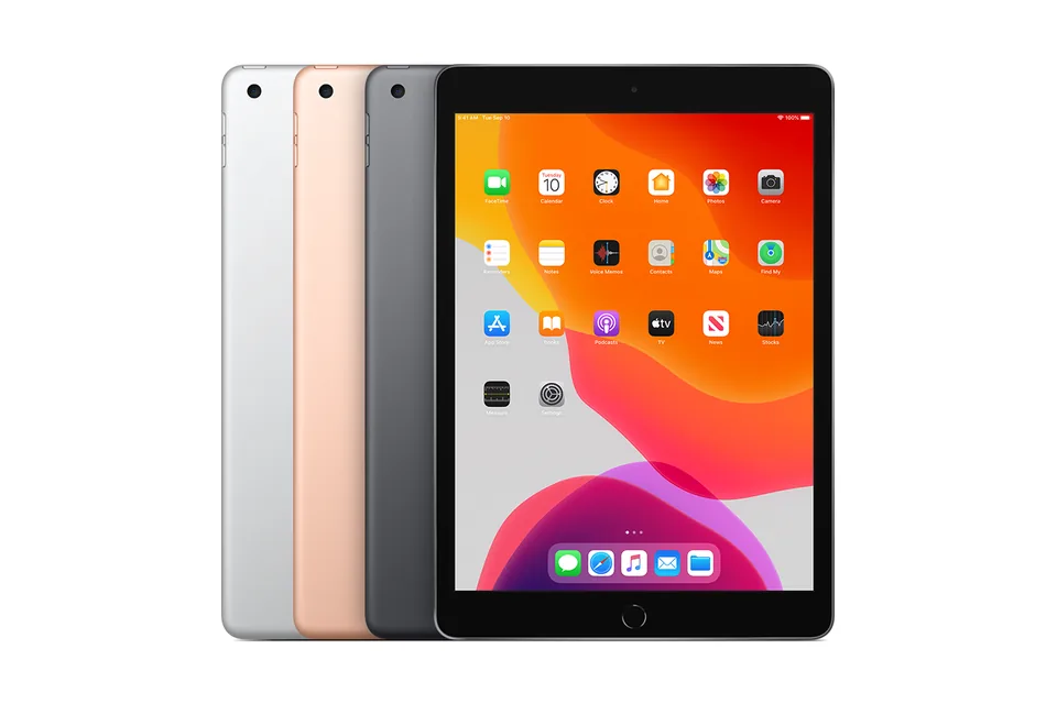 iPad (7th generation), shown from the back in its colours and from the front