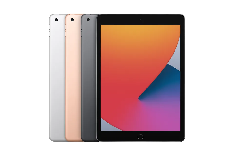 iPad (8th generation), shown from the back in its colours and from the front