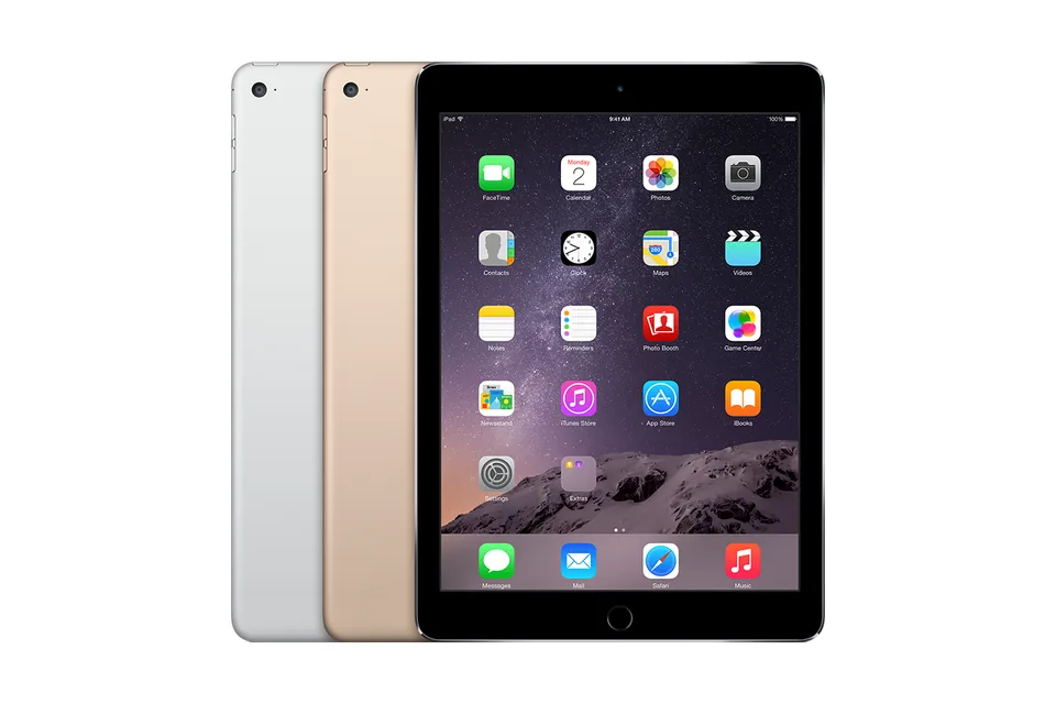 iPad Air 2, shown from the back in its colours and from the front