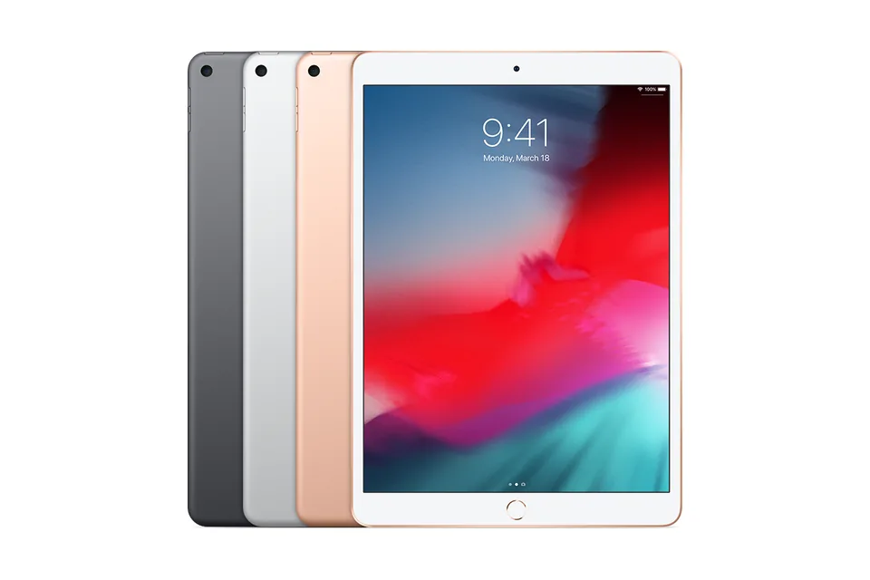 iPad Air (3rd generation), shown from the back in its colours and from the front