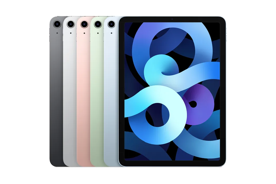iPad Air (4th generation), shown from the back in its colours and from the front