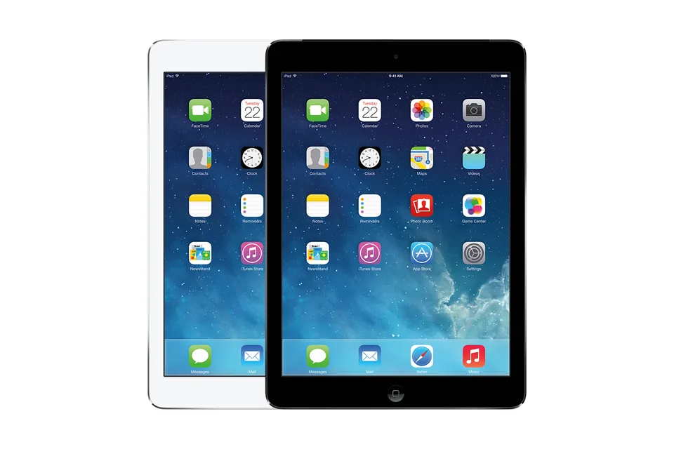 iPad Air, shown from the back in its colours and from the front