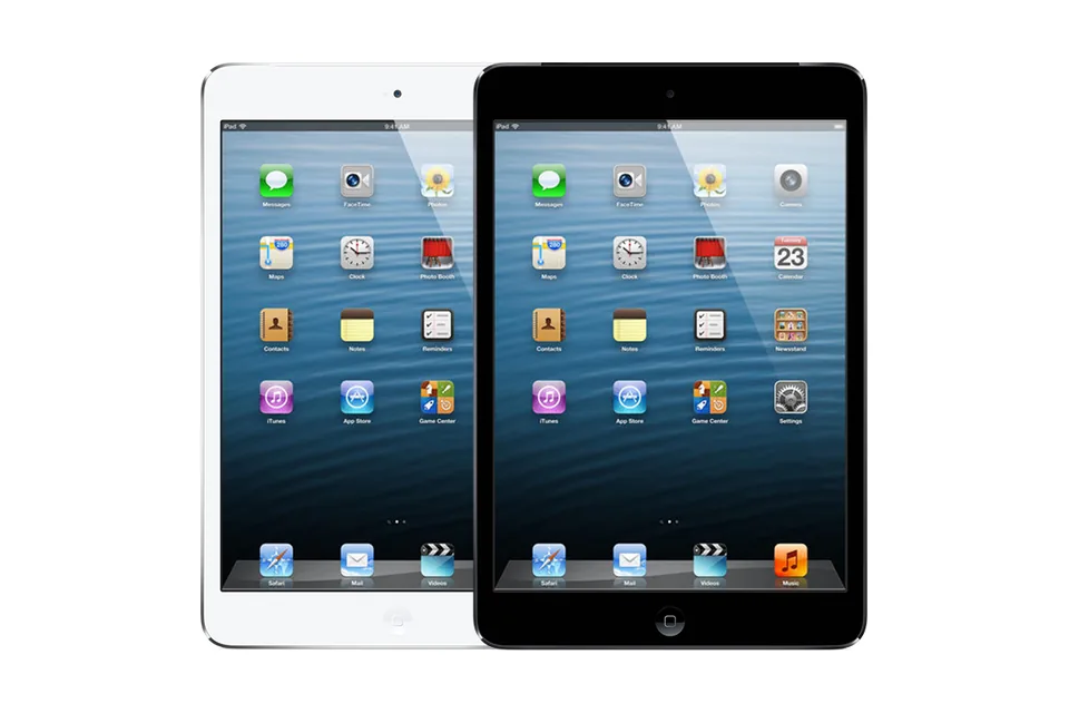 iPad mini, shown from the back in its colours and from the front