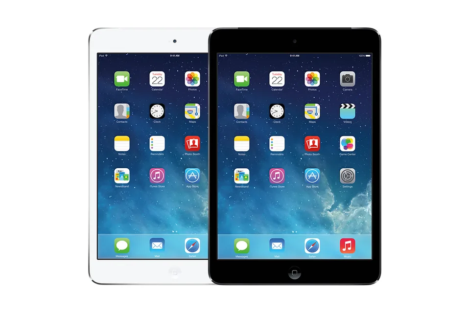 iPad mini 2, shown from the back in its colours and from the front