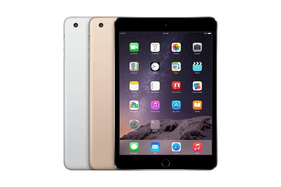 iPad mini 3, shown from the back in its colours and from the front